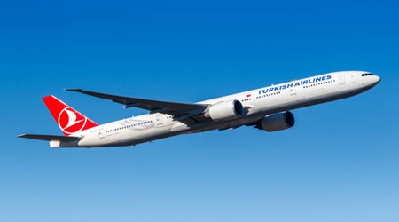 Frankfurt, Germany - February 13, 2021: Turkish Airlines Boeing 777-300ER airplane at Frankfurt Airport (FRA) in Germany.