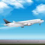 Large modern passenger airliner jet takeoff realistic air transportation services advertisement poster blue sky background vector illustration